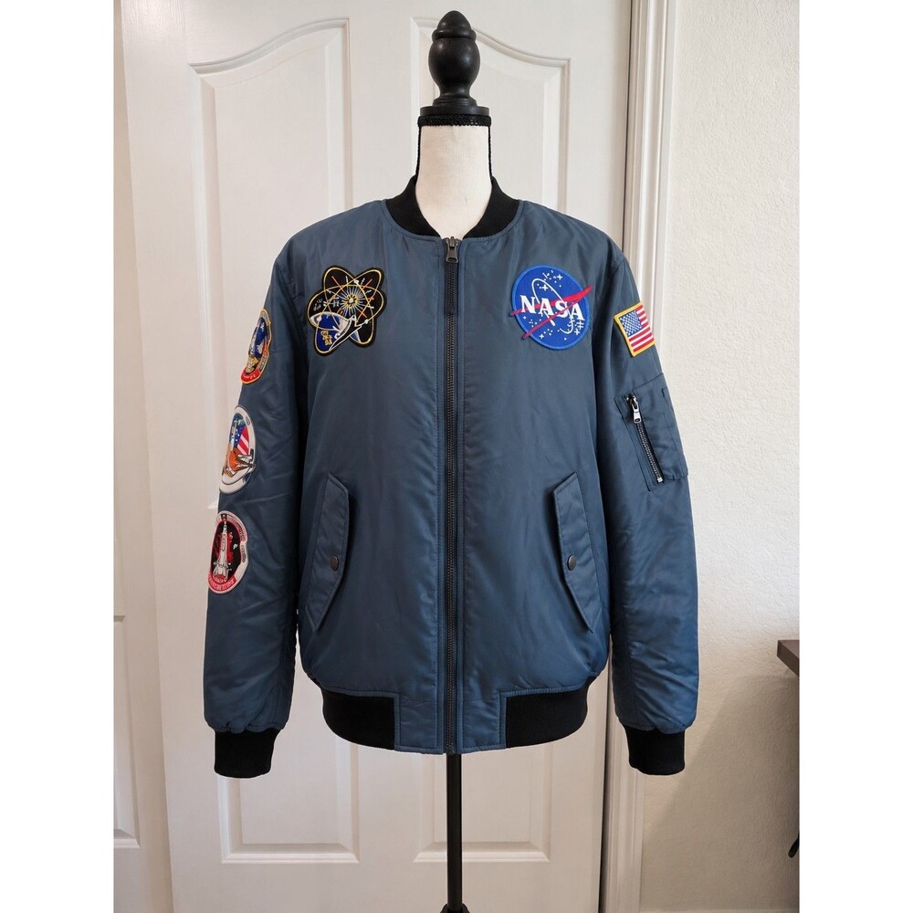 NASA Space Shuttle Bomber Jacket Up and Away Blue Flight Jacket Mission Patch...